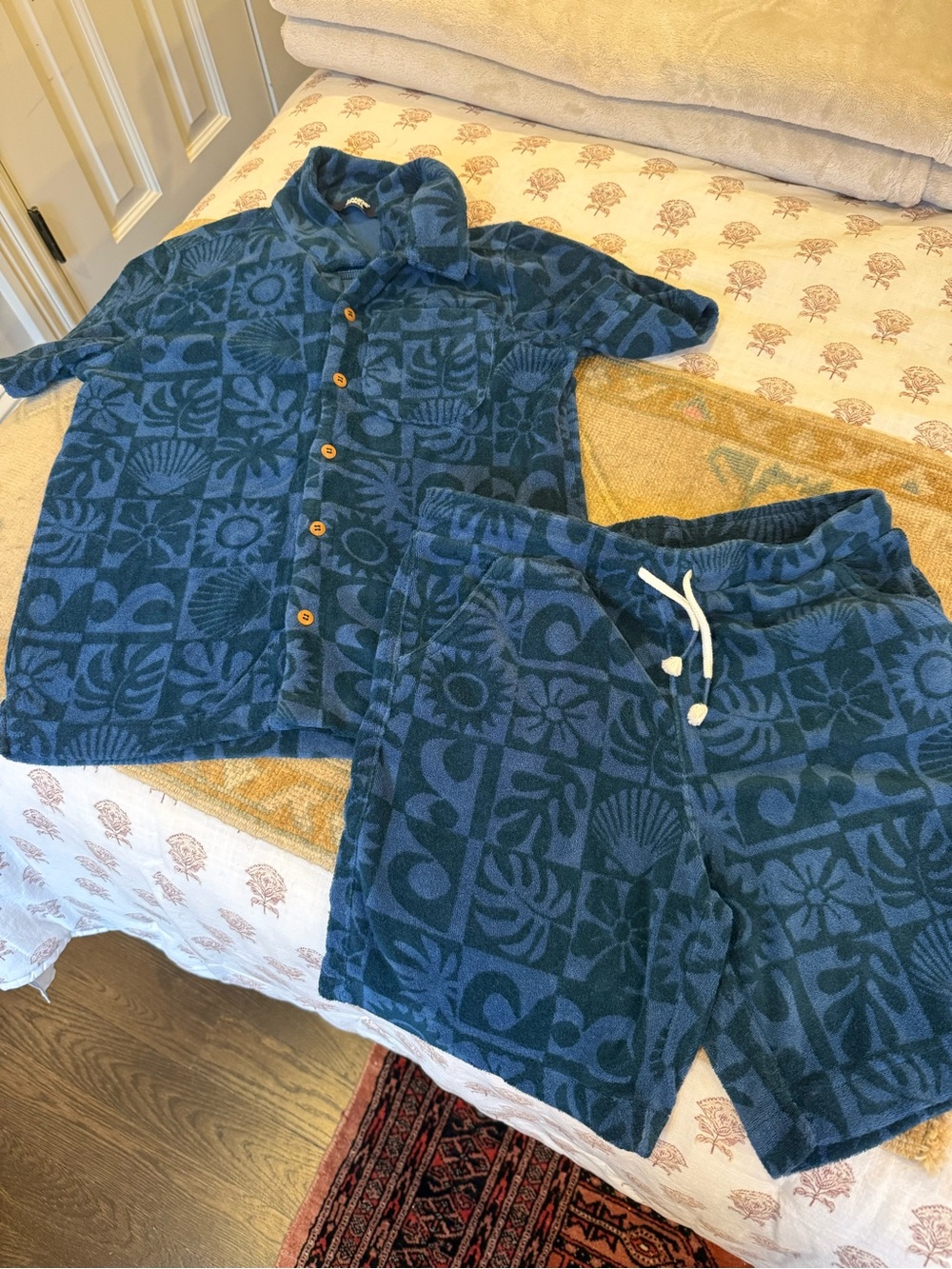 Lands' End Navy Blue Patterned Kids Two-Piece Pajama Set